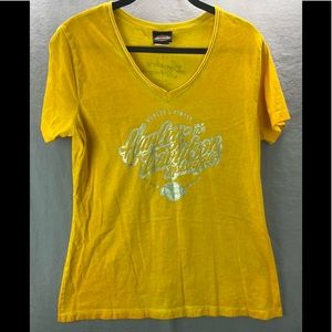 Harley Davidson T-Shirt Women L Yellow Short Sleeve V Neck Legendary Motorcycle